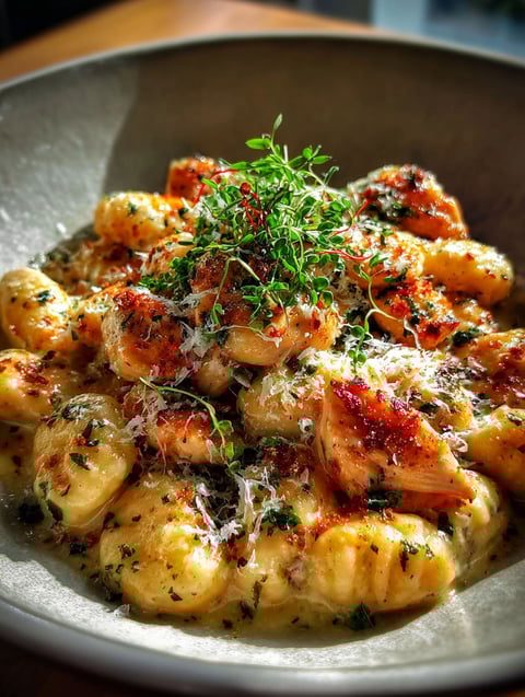 Schüssel mit Asiago Huhn Gnocchi.