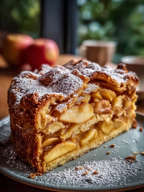 Ein Stück Apfelkuchen mit Puderzucker drauf.
