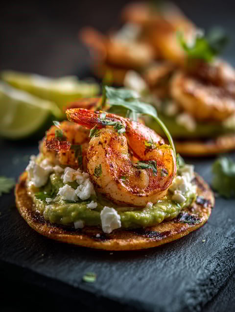 Gegrillte Garnelen Tostadas mit cremiger Avocado.