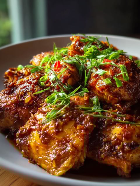 Teller mit langsam gegartem Hähnchen in brauner Zucker Knoblauch Sauce